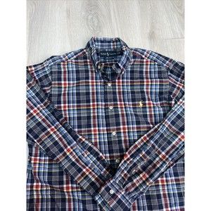 Ralph Lauren Button Down Shirt Mens Sz Medium Blue Red Plaid 100% Cotton Classic